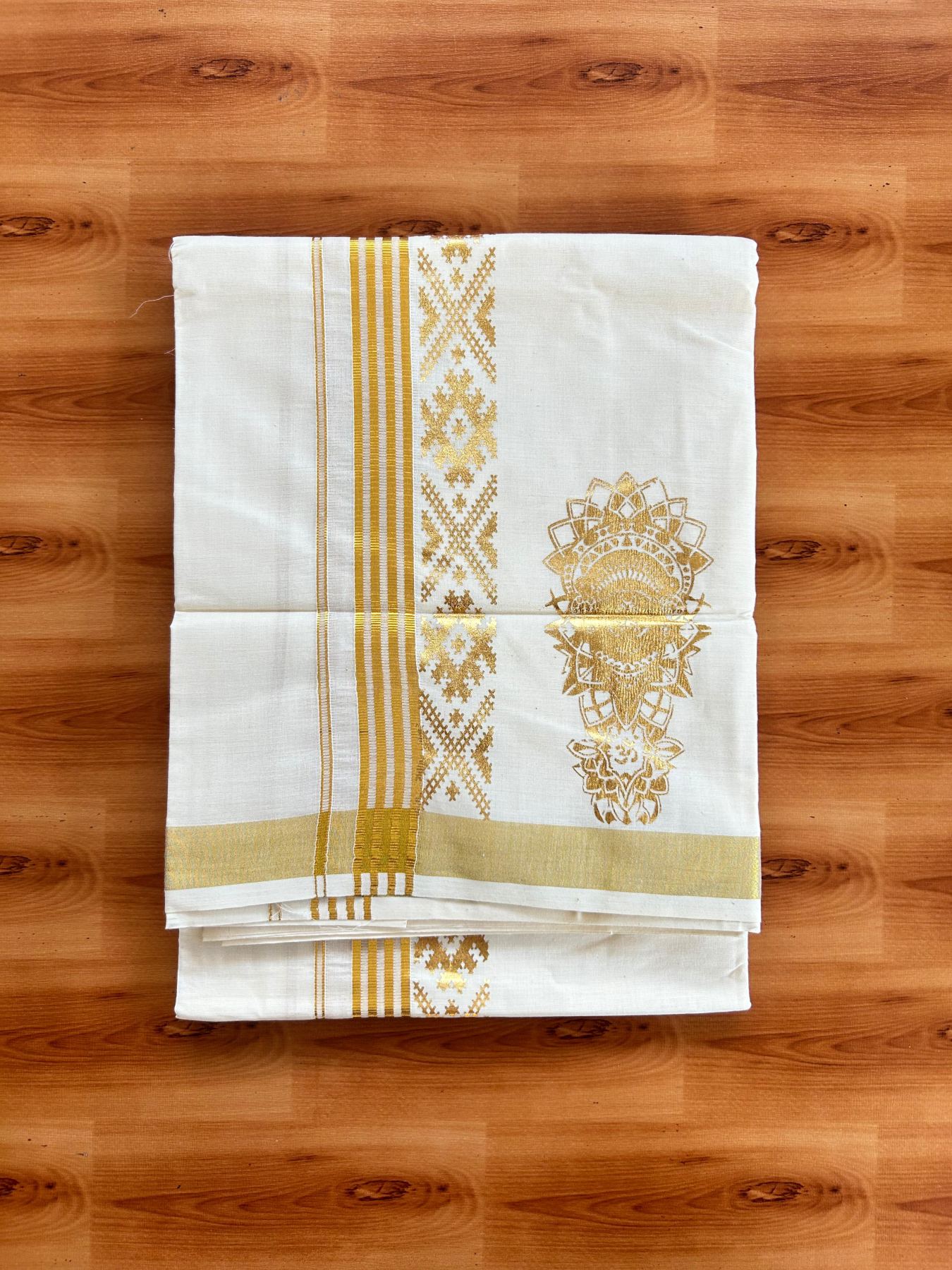 Double Off White (Unbleached) Mundu/Dhoti - 20% Discount!! KaithariKada Mixed Cotton (60s) - 2.5 inch Gold Kasav Striped & Printed Designer Kara 4 mtr (8.5 Muzham) - 14 KK5487 CKS
