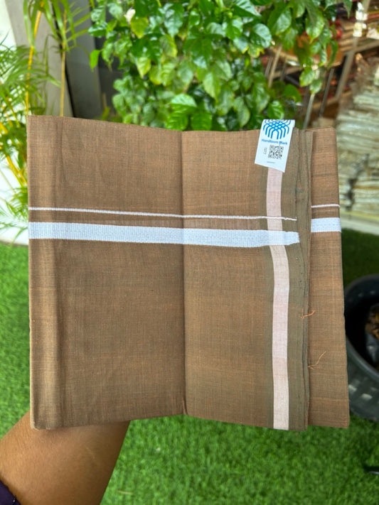 10% Discount !! KaithariKada 100% Pure Cotton - HANDLOOM Single Mundu/Dhoti Brown Green Shaded COLOUR BODY & White 0.5 inch Kara (2 meter / 4 muzham) - 18KK8020ELA