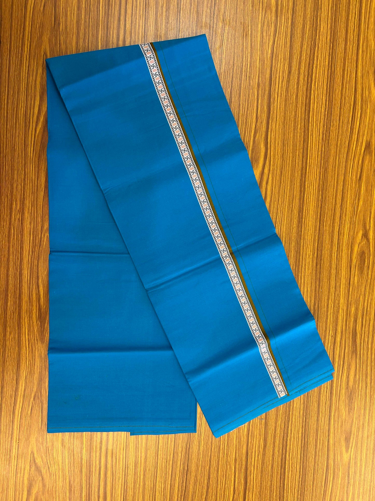 39% Discount! Kaitharikada - Pure Cotton - Single Kaily / Lungi - (60s) - 1 inch Brown & Multi colour Pattern Printed Kambi kara with Sky Blue colour body (2 meter / 4 muzham) - 9 KK8043 GAN