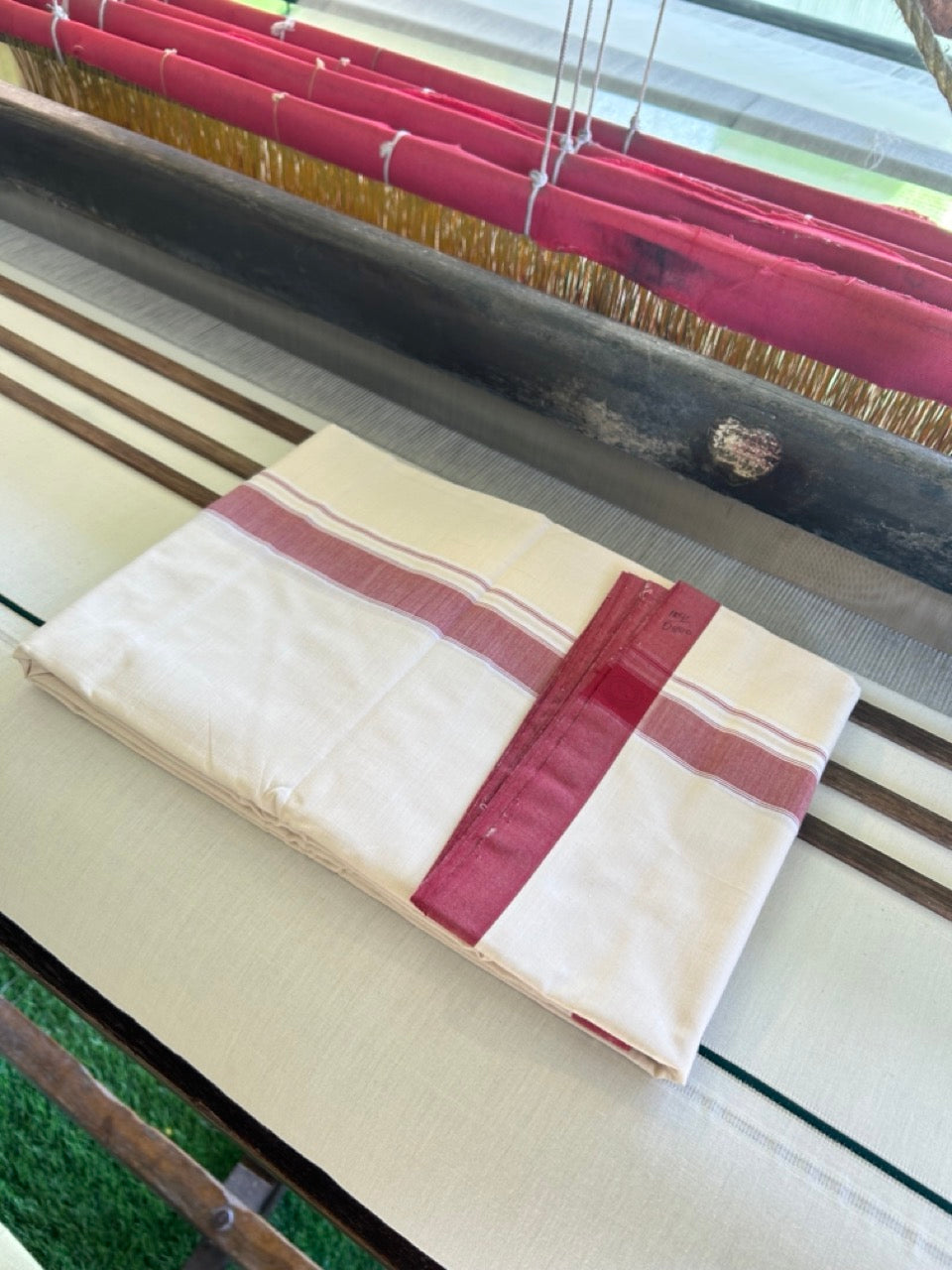 120X120 PREMIUM Kaitharikada Exclusive - 25% DISCOUNT! BALARAMAPURAM HANDLOOM Unakkupaavu - 100% PURE Cotton Double Mundu/Dhoti OFF WHITE (Unbleached)- 1.75inch Red Striped Kara - 1KK477KAL