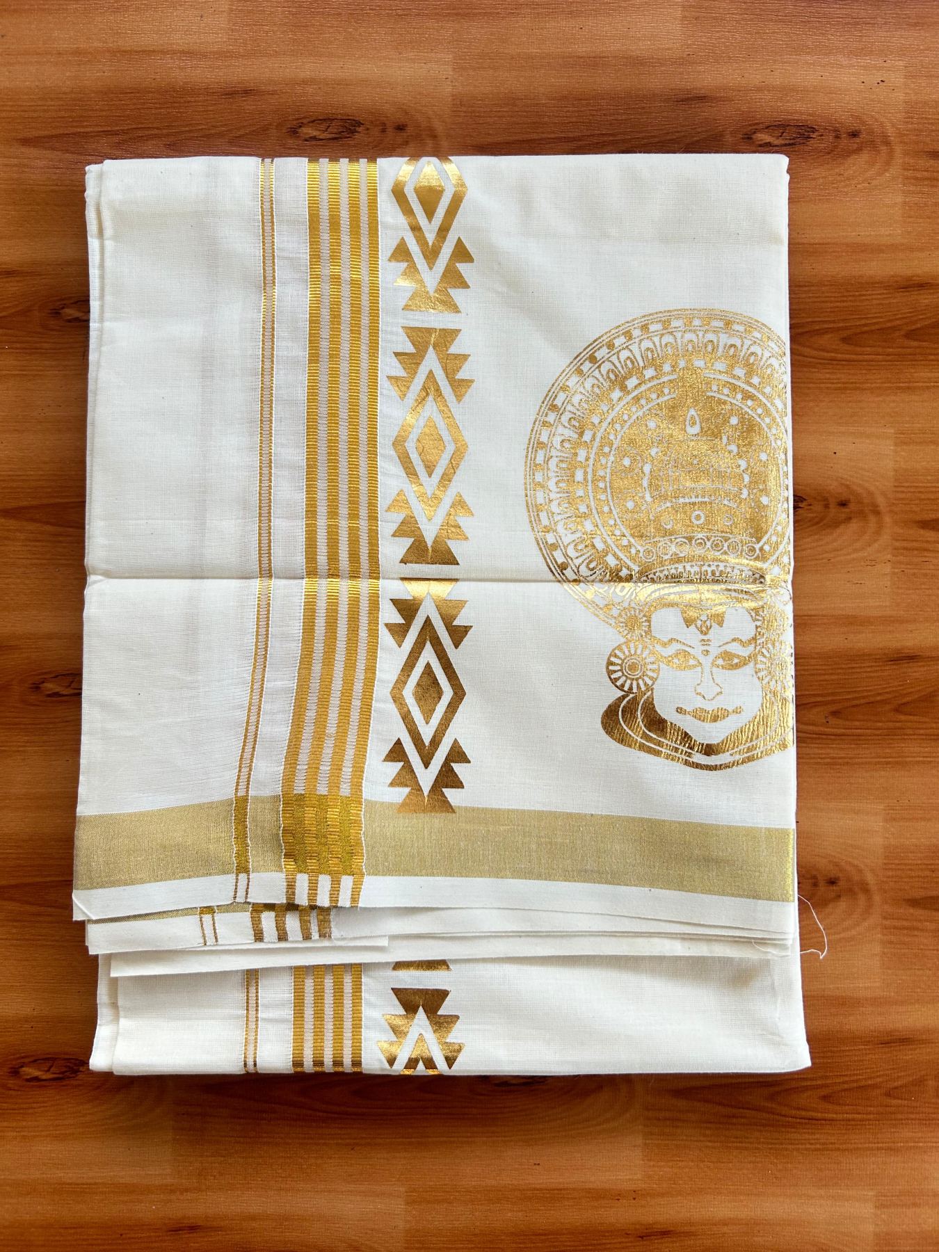 Double Off White (Unbleached) Mundu/Dhoti - 20% Discount!! KaithariKada Mixed Cotton (60s) - 2.5 inch Gold Kasav Striped & Printed Designer Kara 4 mtr (8.5 Muzham) - 15 KK5487 CKS