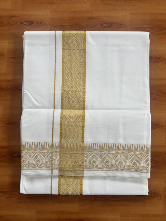 Single Pure White Mundu/Dhoti - 20% Discount!! Kaitharikada Balaramapuram Pure Cotton - 40s - 2 inch Gold Kasav Jacquard Design Kara 2 mtr (4 muzham) - 15 KK5405 GAN