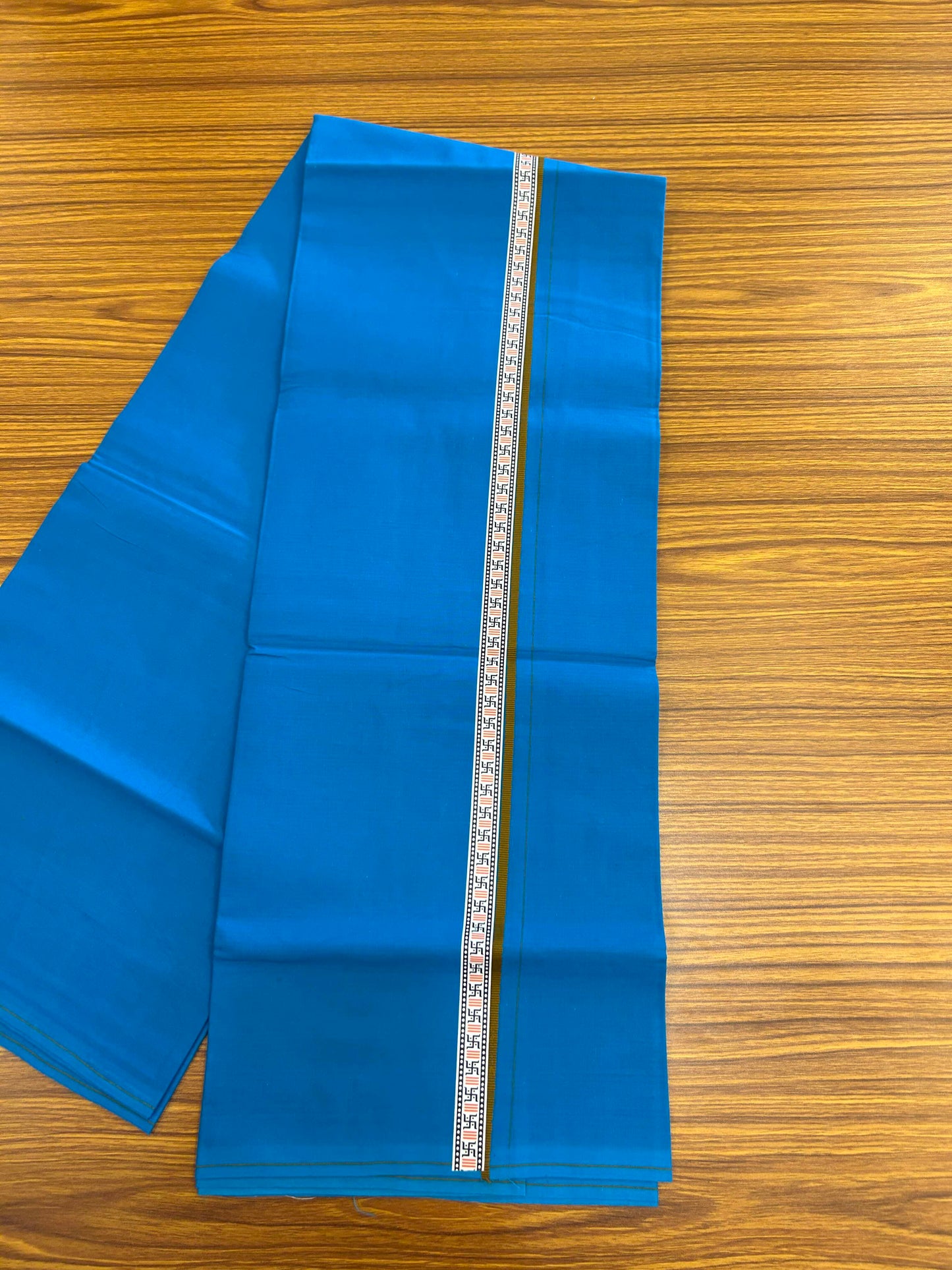 39% Discount! Kaitharikada - Pure Cotton - Single Kaily / Lungi - (60s) - 1 inch Brown & Multi colour Pattern Printed Kambi kara with Sky Blue colour body (2 meter / 4 muzham) - 9 KK8043 GAN