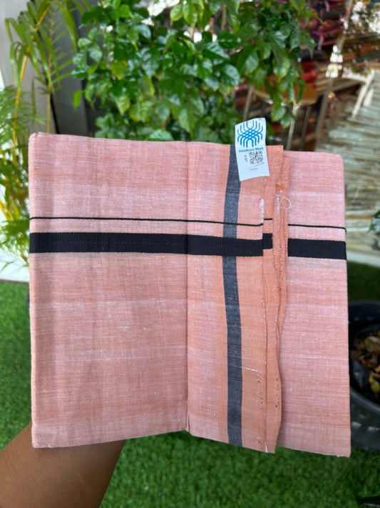 10% Discount !! KaithariKada 100% Pure Cotton - HANDLOOM Single Mundu/Dhoti Light Brown White Shaded COLOUR BODY & Black 0.5 inch Kara (2 meter / 4 muzham) - 20KK8020ELA