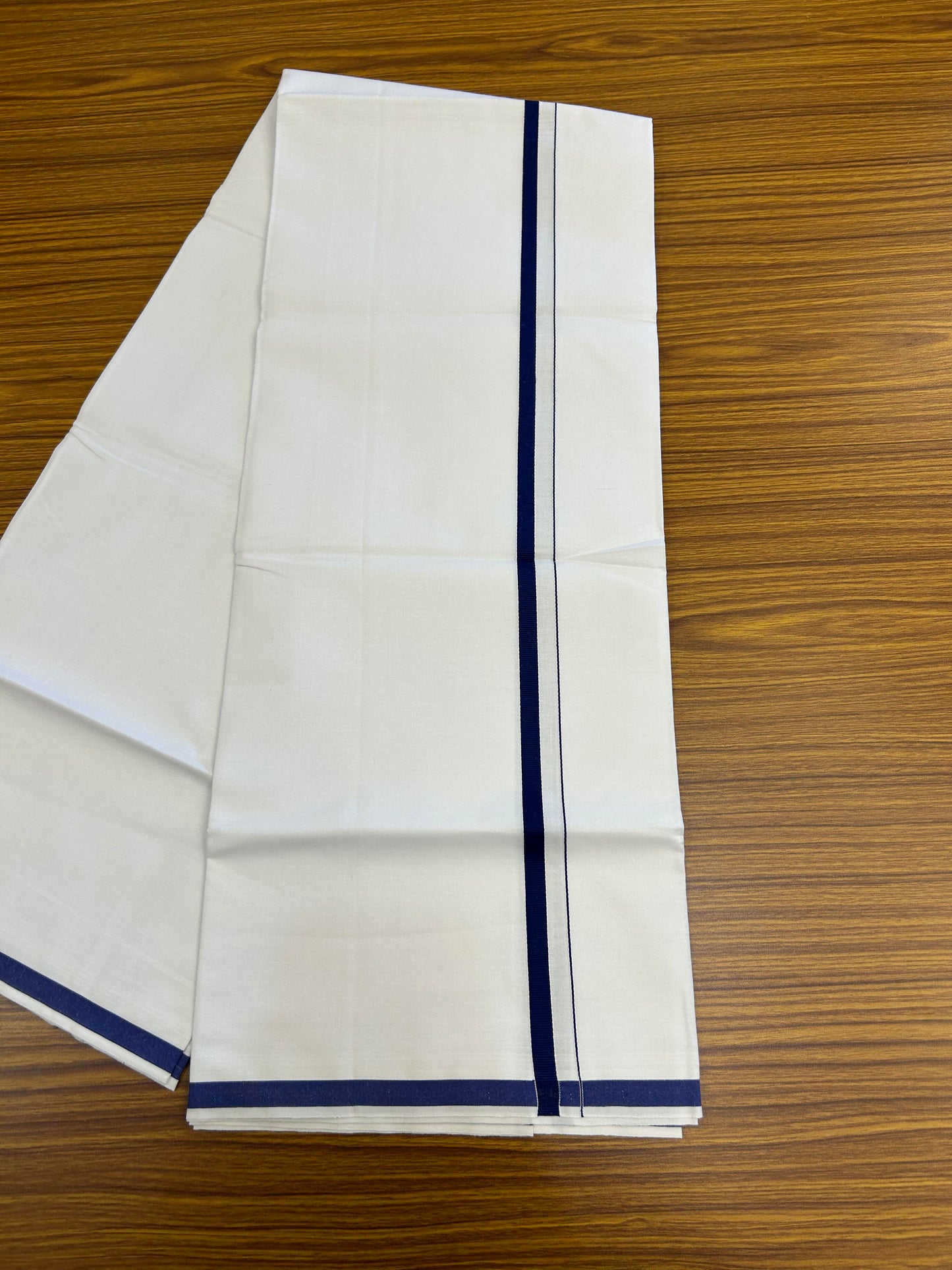 10% Discount ! KaithariKada Balaramapuram 100% Cotton Pure White Mill Bleached Single Mundu/Dhoti - 40s - 1 cm Navy Blue Kara (2 meter / 4 muzham) - 8 KK5364 MC
