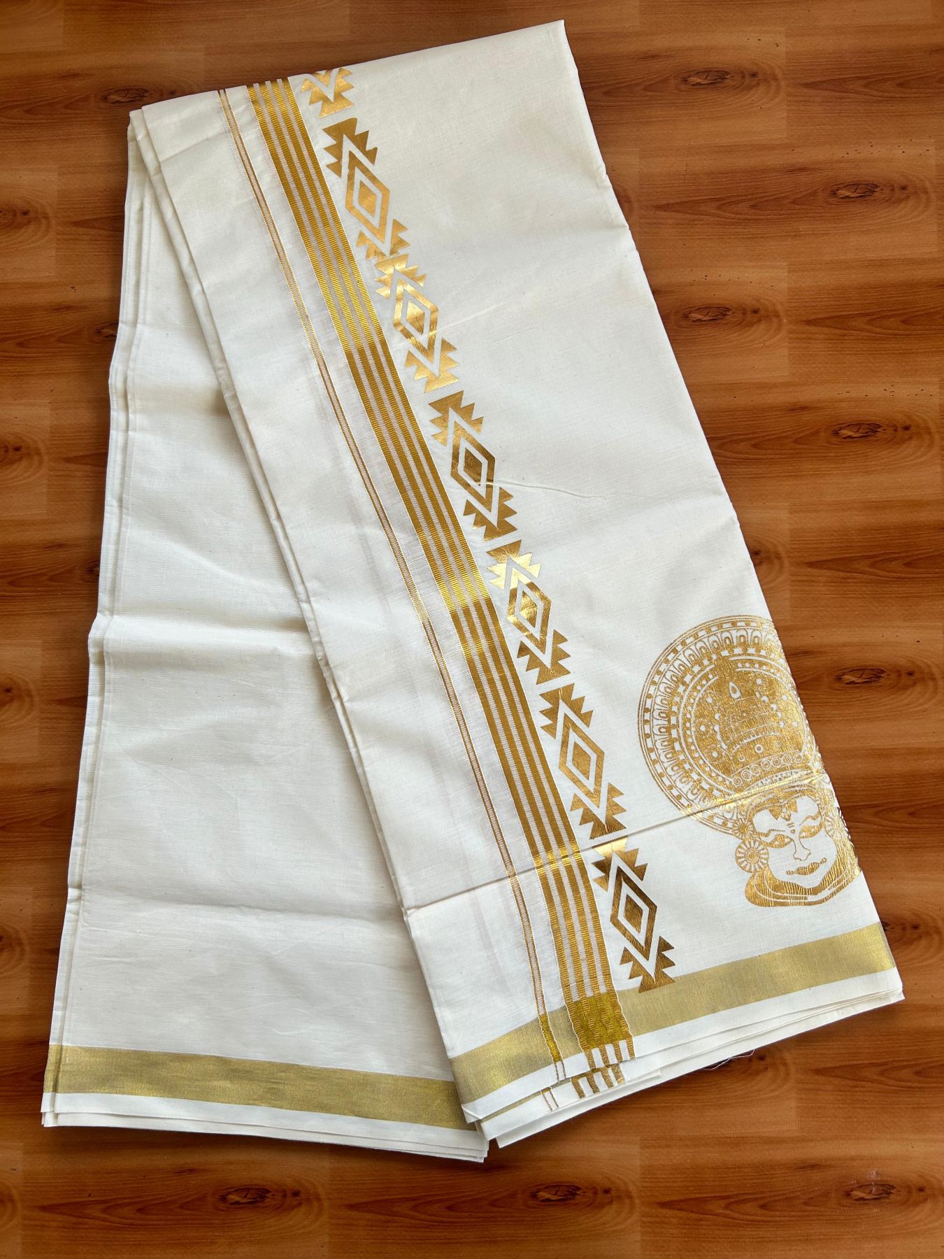 Double Off White (Unbleached) Mundu/Dhoti - 20% Discount!! KaithariKada Mixed Cotton (60s) - 2.5 inch Gold Kasav Striped & Printed Designer Kara 4 mtr (8.5 Muzham) - 15 KK5487 CKS