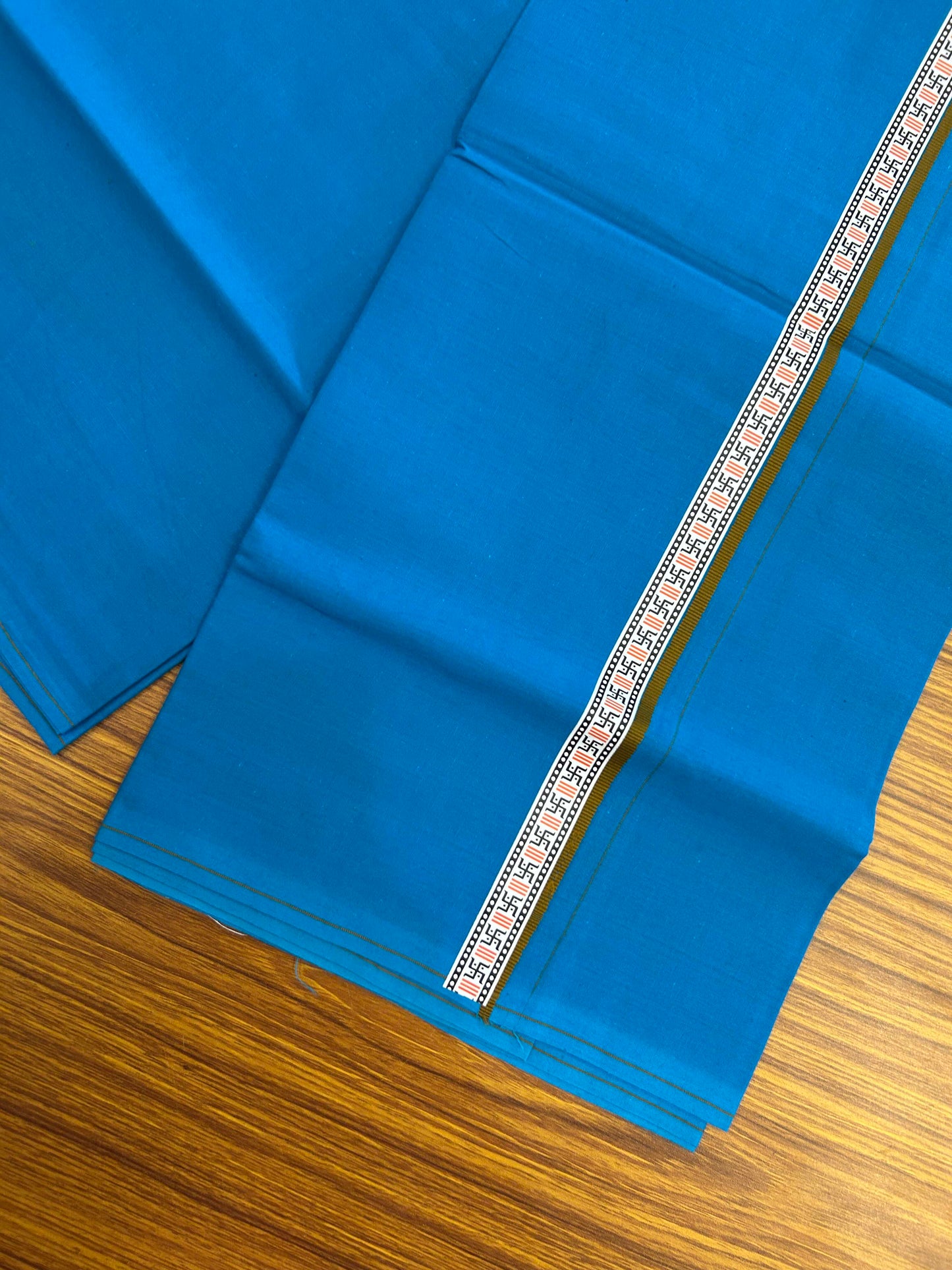 39% Discount! Kaitharikada - Pure Cotton - Single Kaily / Lungi - (60s) - 1 inch Brown & Multi colour Pattern Printed Kambi kara with Sky Blue colour body (2 meter / 4 muzham) - 9 KK8043 GAN