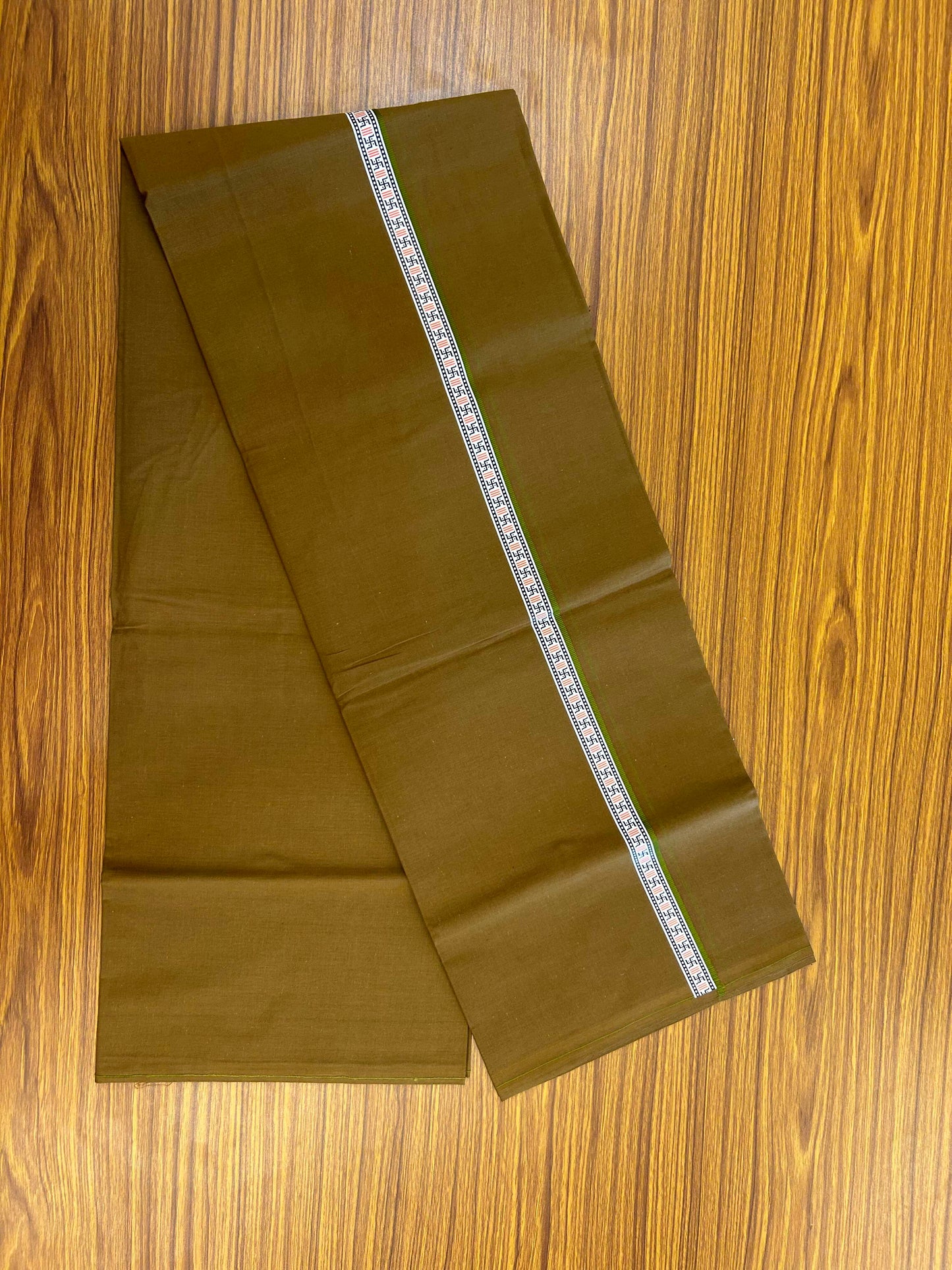 39% Discount! Kaitharikada - Pure Cotton - Single Kaily / Lungi - (60s) -  1 inch Light Olive Green & Multi colour Pattern Printed Kambi kara with Brown colour body (2 meter / 4 muzham) - 13 KK8043 GAN
