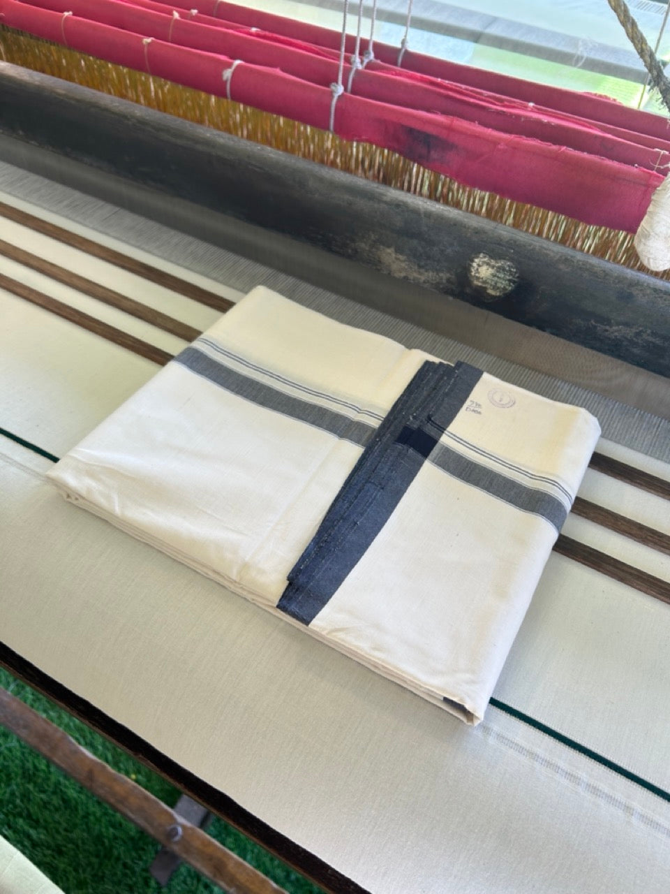 120X120 PREMIUM Kaitharikada Exclusive - 25% DISCOUNT! BALARAMAPURAM HANDLOOM Unakkupaavu - 100% PURE Cotton Double Mundu/Dhoti OFF WHITE (Unbleached) - 1.25 inch Black Striped Kara - 5KK477KAL