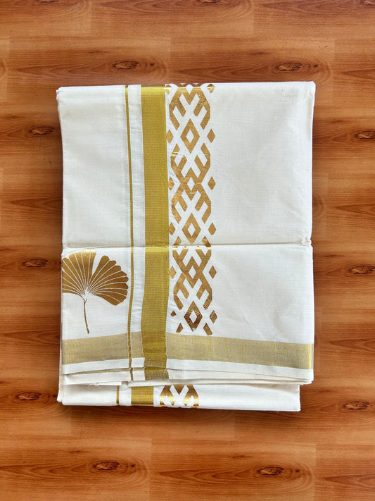 Double Off White (Unbleached) Mundu/Dhoti - 20% Discount!! KaithariKada Mixed Cotton (60s) - 2.75 inch Gold Kasav & Printed Designer Kara 4 mtr (8.5 Muzham) - 16 KK5487 CKS