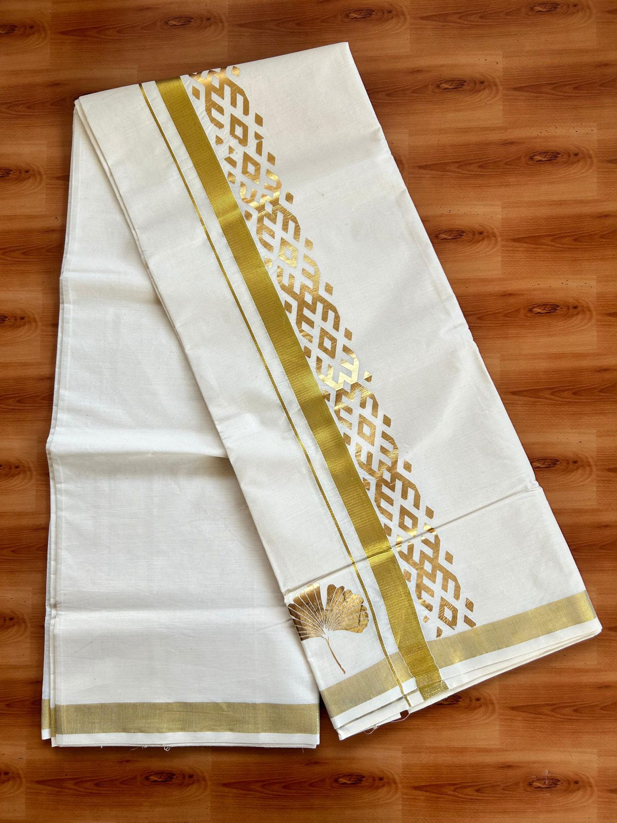Double Off White (Unbleached) Mundu/Dhoti - 20% Discount!! KaithariKada Mixed Cotton (60s) - 2.75 inch Gold Kasav & Printed Designer Kara 4 mtr (8.5 Muzham) - 16 KK5487 CKS