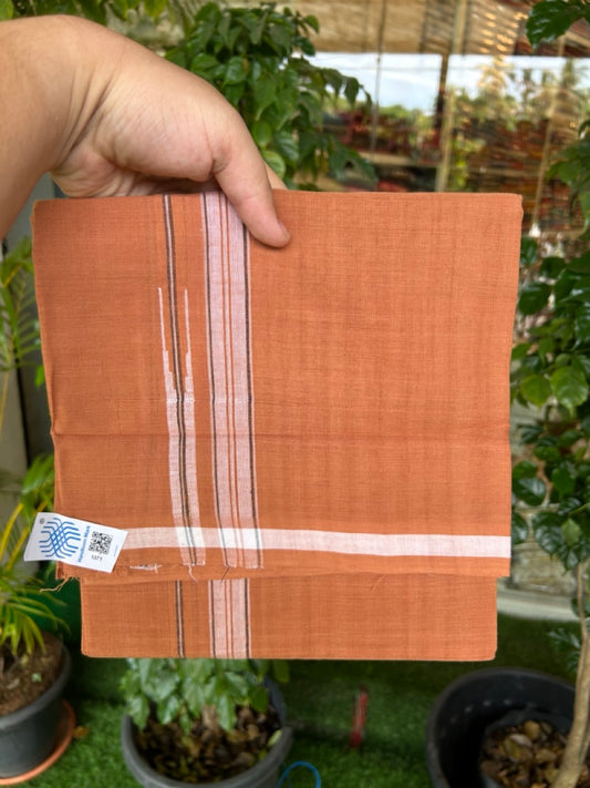 10% Discount !! KaithariKada 100% Pure Cotton - HANDLOOM Single Mundu/Dhoti  KAVI Brown COLOUR BODY & 0.75 inch White Puliyilakkara Black Striped Chutty Kara (2 meter / 4 muzham) - 3KK8020ELA