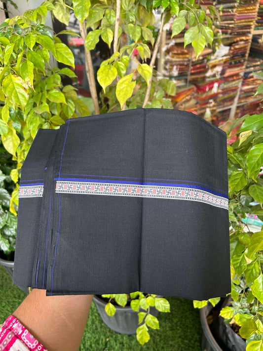 39% Discount! Kaitharikada - Pure Cotton - Single Kaily / Lungi - (60s) - 1 inch Blue & Multi colour Pattern Printed Kambi kara with Black colour body (2 meter / 4 muzham) - 3 KK8043 GAN