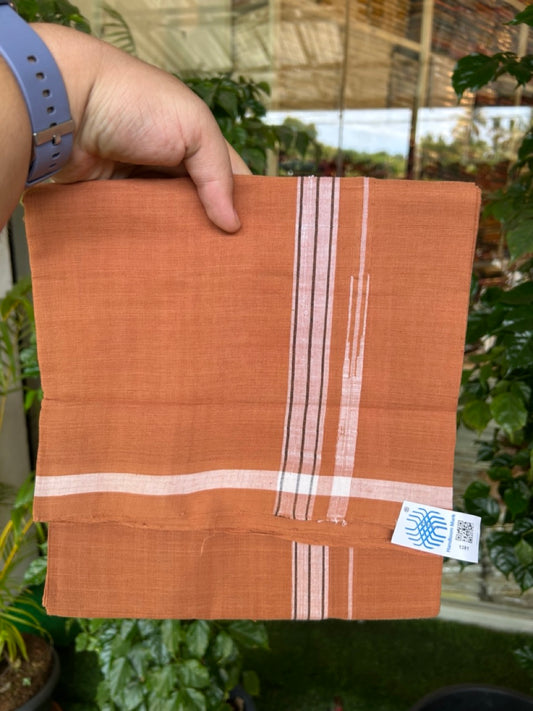 10% Discount !! KaithariKada 100% Pure Cotton - HANDLOOM Single Mundu/Dhoti  KAVI Brown COLOUR BODY & 0.75 inch White Puliyilakkara Black Striped Chutty Kara (2 meter / 4 muzham) - 2KK8020ELA
