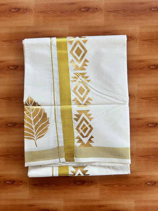 Double Off White (Unbleached) Mundu/Dhoti - 20% Discount!! KaithariKada Mixed Cotton (60s) - 2.75 inch Gold Kasav & Printed Designer Kara 4 mtr (8.5 Muzham) - 17 KK5487 CKS