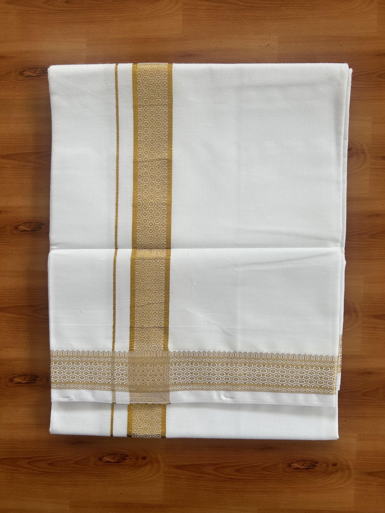 Single Pure White Mundu/Dhoti - 20% Discount!! Kaitharikada Balaramapuram Pure Cotton - 40s - 1.5 inch Gold Kasav Jacquard Design Kara 2 mtr (4 muzham) - 13 KK5405 GAN