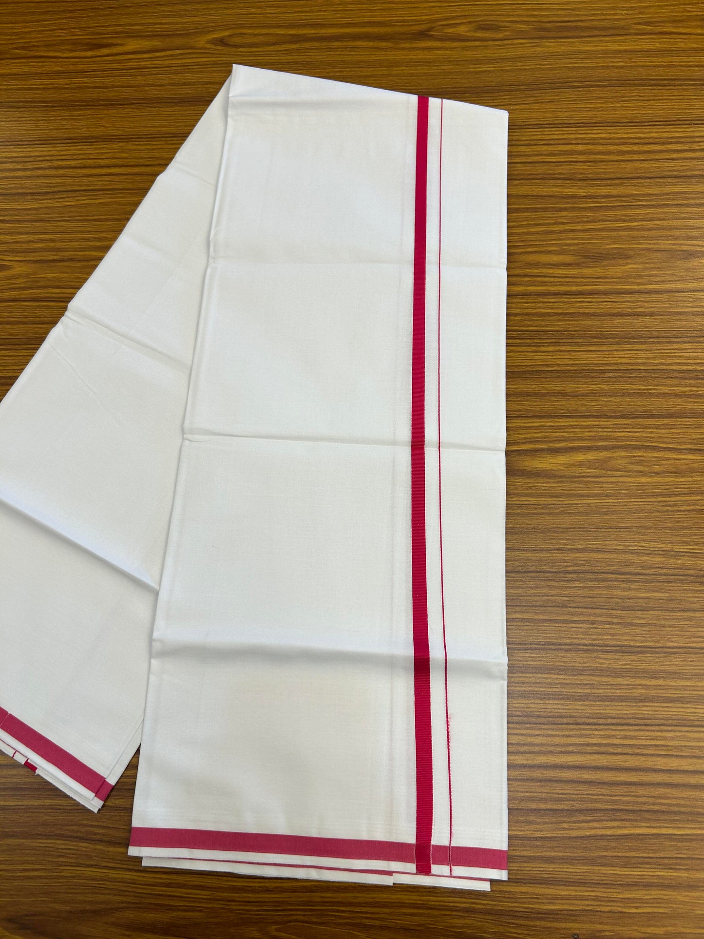 10% Discount ! KaithariKada Balaramapuram 100% Cotton Pure White Mill Bleached Single Mundu/Dhoti - 40s - 1 cm Dark Pink Kara (2 meter / 4 muzham) - 5 KK5364 MC