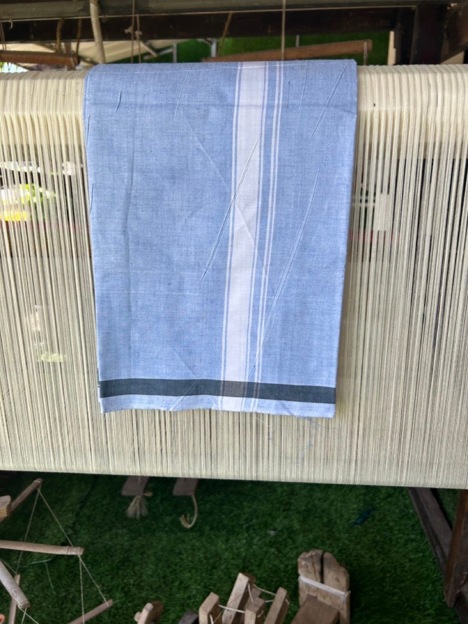 16% DISCOUNT ! KaithariKada Kalamachal 100% Pure Cotton -(80X80) Twisted Thread Handloom Single Mundu/Dhoti - Light Blue COLOUR  BODY & White stripes 1.75 inch Kara- 22KK479KAL
