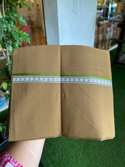 39% Discount! Kaitharikada - Pure Cotton - Single Kaily / Lungi - (60s) -  1 inch Light Olive Green & Multi colour Pattern Printed Kambi kara with Brown colour body (2 meter / 4 muzham) - 13 KK8043 GAN