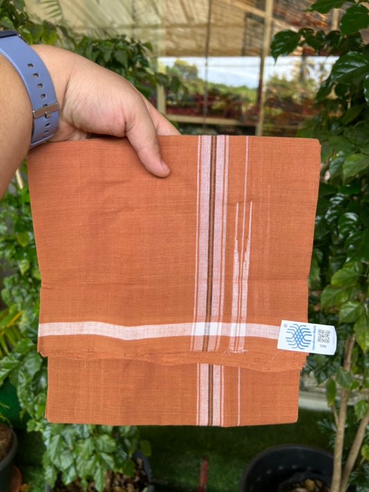 10% Discount !! KaithariKada 100% Pure Cotton - HANDLOOM Single Mundu/Dhoti  KAVI Brown COLOUR BODY & 1 inch White Puliyilakkara Black Striped Chutty Kara (2 meter / 4 muzham)- 6KK8020ELA