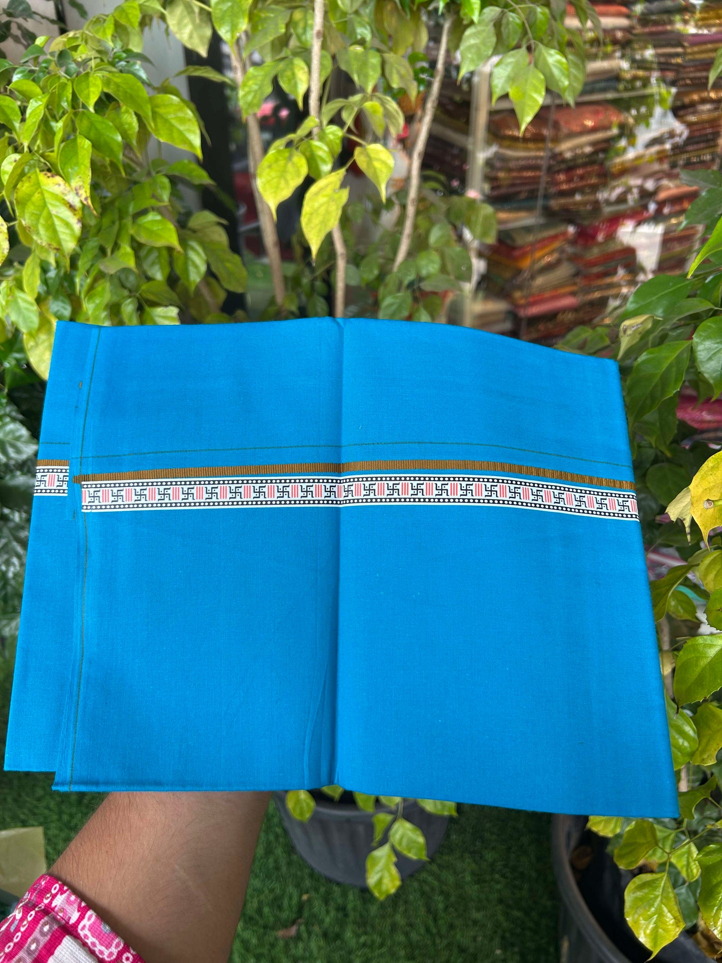 39% Discount! Kaitharikada - Pure Cotton - Single Kaily / Lungi - (60s) - 1 inch Brown & Multi colour Pattern Printed Kambi kara with Sky Blue colour body (2 meter / 4 muzham) - 9 KK8043 GAN