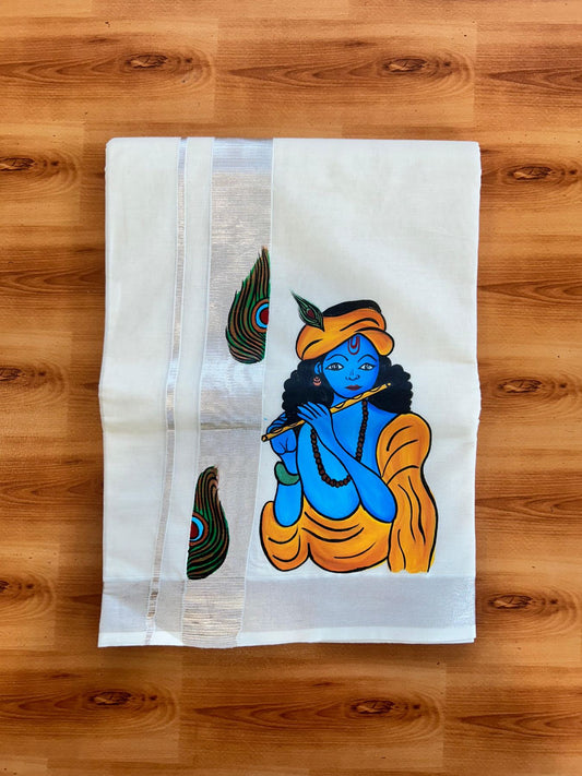 Double Off White (Unbleached) Mundu/Dhoti - 20% Discount!! KaithariKada Pure Cotton (80s) - 1.5 inch Silver Kasav Kara with Peacock Feather & Lord Krishna Mural Painting 4 mtr (8.5 Muzham) - 24 KK5487 CKS