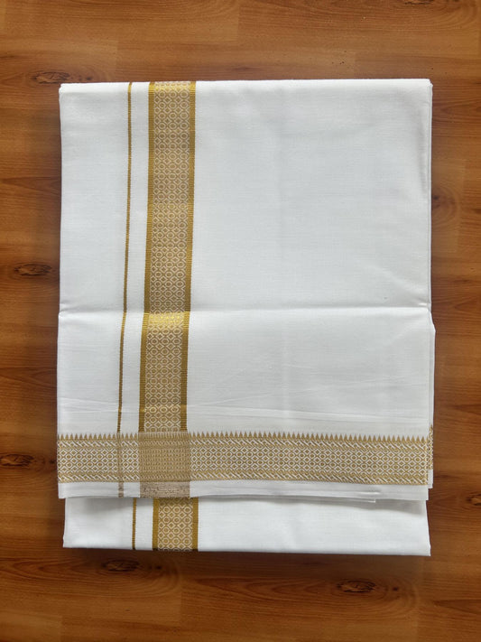 Single Pure White Mundu/Dhoti - 20% Discount!! Kaitharikada Balaramapuram Pure Cotton - 40s - 1.5 inch Gold Kasav Jacquard Design Kara 2 mtr (4 muzham) - 12 KK5405 GAN