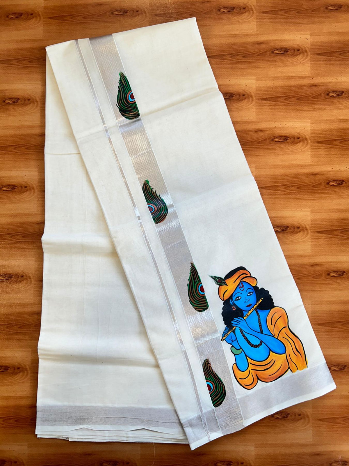 Double Off White (Unbleached) Mundu/Dhoti - 20% Discount!! KaithariKada Pure Cotton (80s) - 1.5 inch Silver Kasav Kara with Peacock Feather & Lord Krishna Mural Painting 4 mtr (8.5 Muzham) - 24 KK5487 CKS