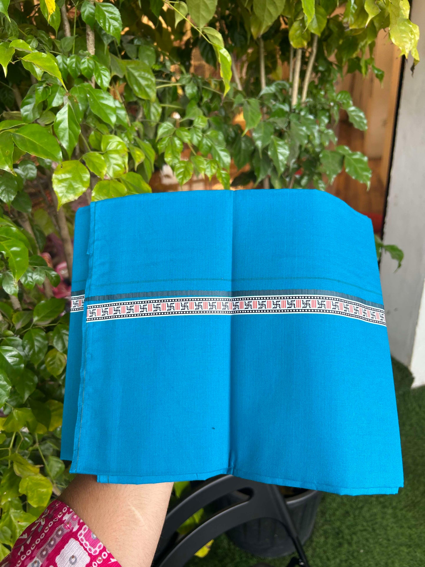 39% Discount! Kaitharikada - Pure Cotton - Single Kaily / Lungi - (60s) - 1 inch Grey & Multi colour Pattern Printed Kambi kara with Sky Blue colour body (2 meter / 4 muzham) - 8 KK8043 GAN