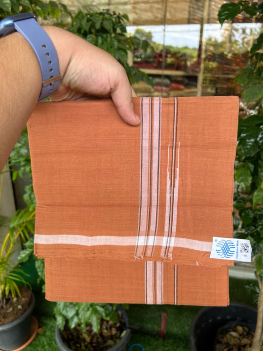 10% Discount !! KaithariKada 100% Pure Cotton - HANDLOOM Single Mundu/Dhoti  KAVI Brown COLOUR BODY & 0.75 inch Puliyilakkara Black Striped Chutty Kara (2 meter / 4 muzham)- 5KK8020ELA