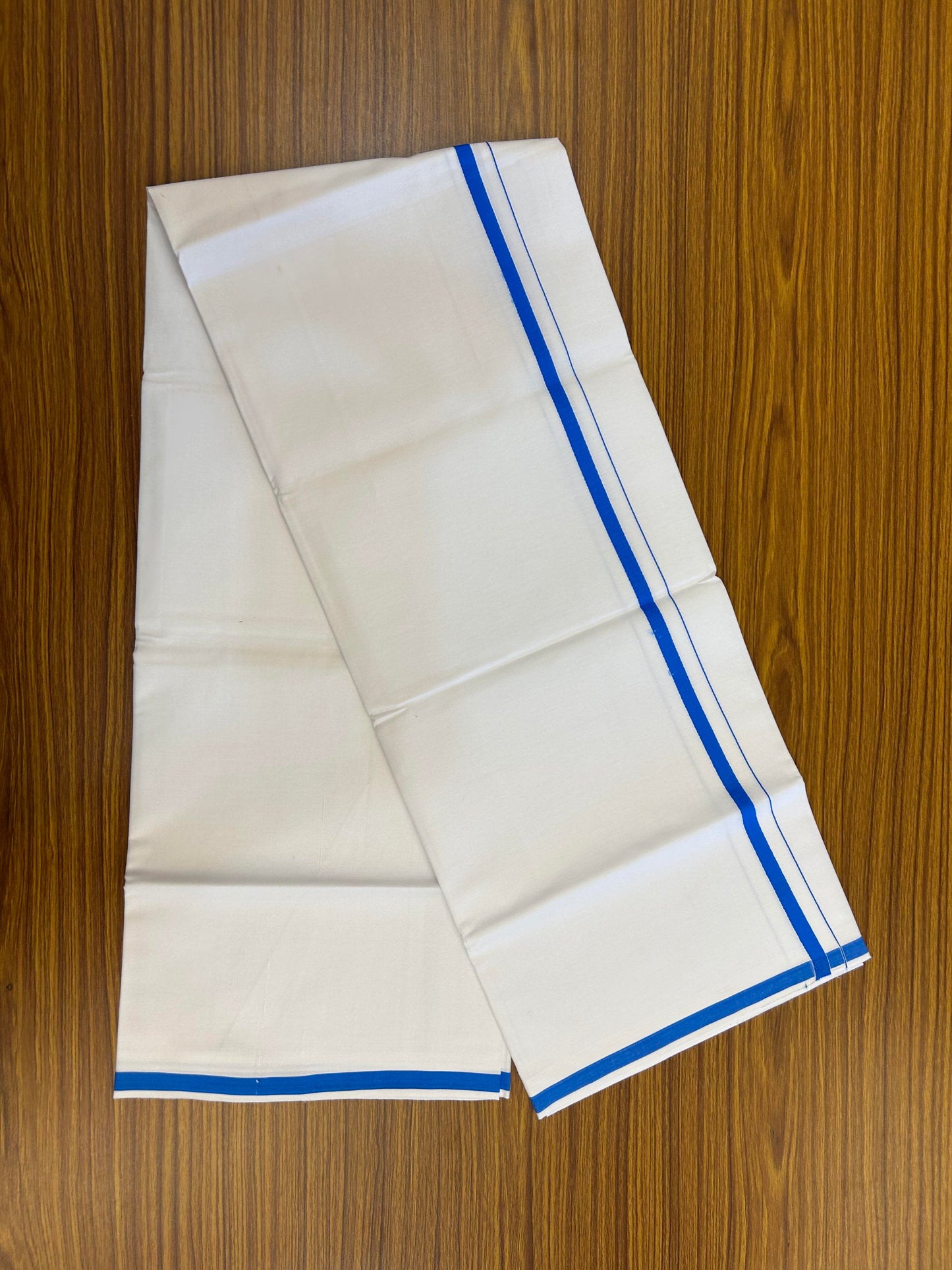 10% Discount ! KaithariKada Balaramapuram 100% Cotton Pure White Mill Bleached Single Mundu/Dhoti - 40s - 1 cm Blue Kara (2 meter / 4 muzham) - 3 KK5364 MC