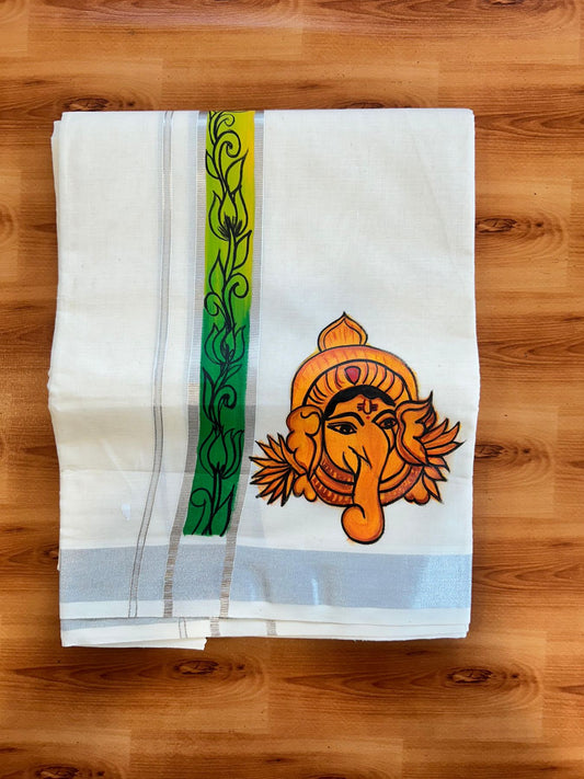 Double Off White (Unbleached) Mundu/Dhoti - 20% Discount!! KaithariKada Pure Cotton (80s) - 1.5 inch Silver Kasav Kara with Lord Ganesh Mural Painting 4 mtr (8.5 Muzham) - 27 KK5487 CKS