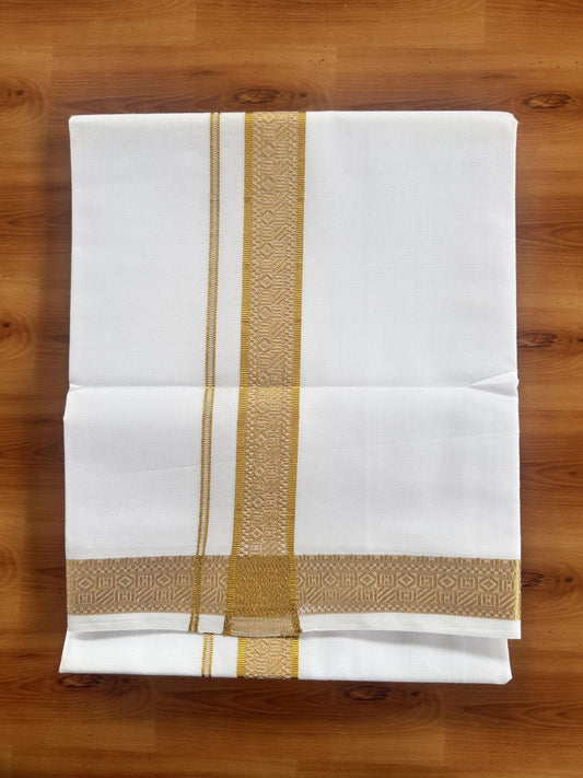 Single Pure White Mundu/Dhoti - 20% Discount!! Kaitharikada Balaramapuram Pure Cotton - 40s - 1.5 inch Gold Kasav Light Brown Jacquard Design Kara 2 mtr (4 muzham) - 11 KK5405 GAN