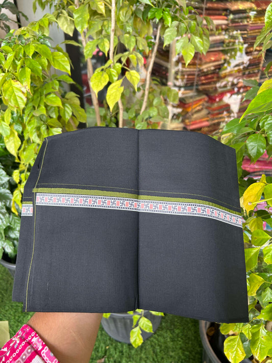 39% Discount! Kaitharikada - Pure Cotton - Single Kaily / Lungi - (60s) - 1 inch Olive Green & Multi colour Pattern Printed Kambi kara with Black colour body (2 meter / 4 muzham) - 1 KK8043 GAN