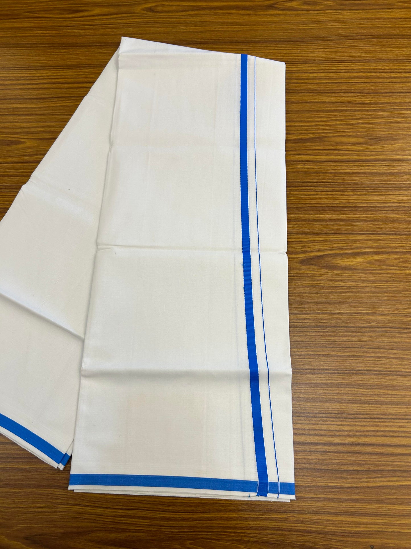 10% Discount ! KaithariKada Balaramapuram 100% Cotton Pure White Mill Bleached Single Mundu/Dhoti - 40s - 1 cm Blue Kara (2 meter / 4 muzham) - 3 KK5364 MC