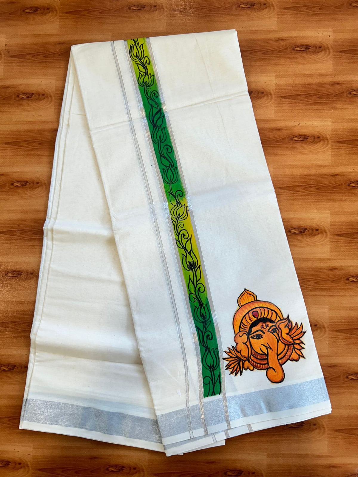 Double Off White (Unbleached) Mundu/Dhoti - 20% Discount!! KaithariKada Pure Cotton (80s) - 1.5 inch Silver Kasav Kara with Lord Ganesh Mural Painting 4 mtr (8.5 Muzham) - 27 KK5487 CKS