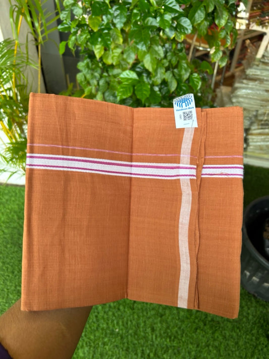10% Discount !! KaithariKada 100% Pure Cotton - HANDLOOM Single Mundu/Dhoti  KAVI Brown COLOUR BODY 1.5 cm White & Pink Striped Kara (2 meter / 4 muzham)- 13KK8020ELA