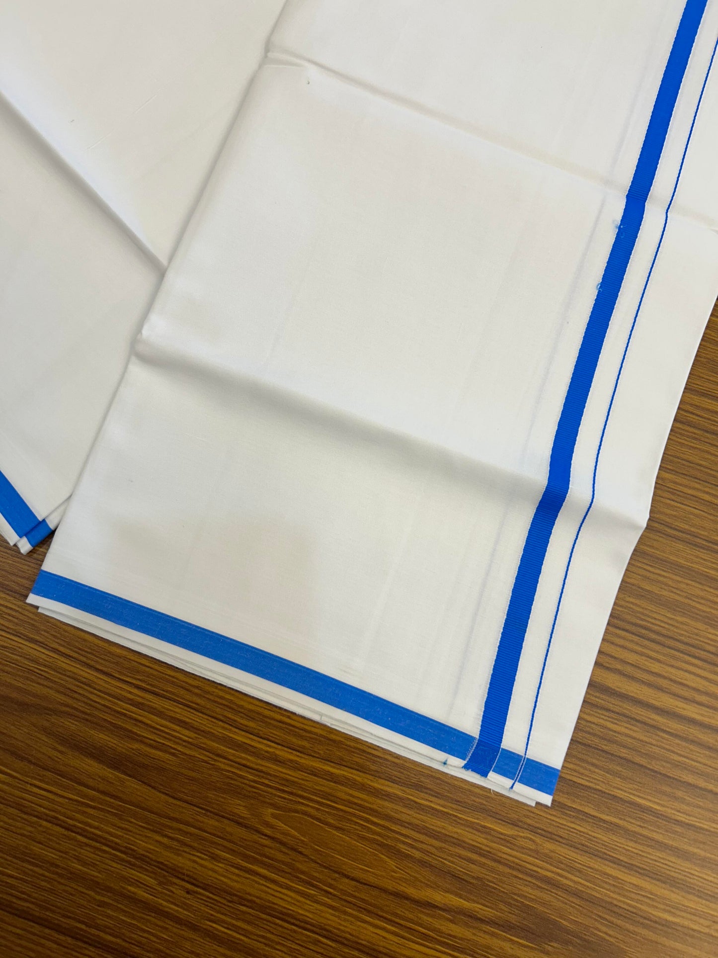 10% Discount ! KaithariKada Balaramapuram 100% Cotton Pure White Mill Bleached Single Mundu/Dhoti - 40s - 1 cm Blue Kara (2 meter / 4 muzham) - 3 KK5364 MC