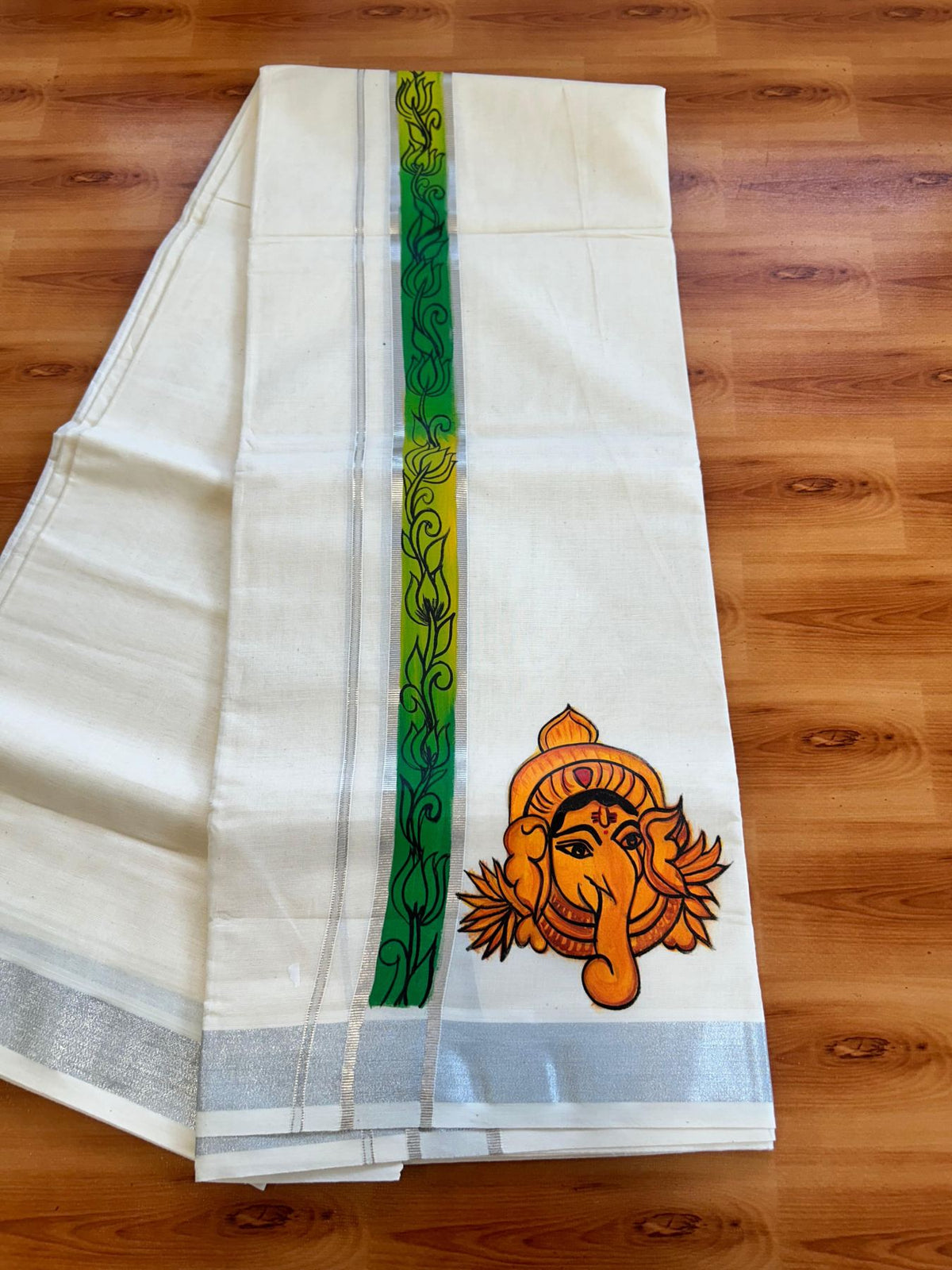 Double Off White (Unbleached) Mundu/Dhoti - 20% Discount!! KaithariKada Pure Cotton (80s) - 1.5 inch Silver Kasav Kara with Lord Ganesh Mural Painting 4 mtr (8.5 Muzham) - 27 KK5487 CKS