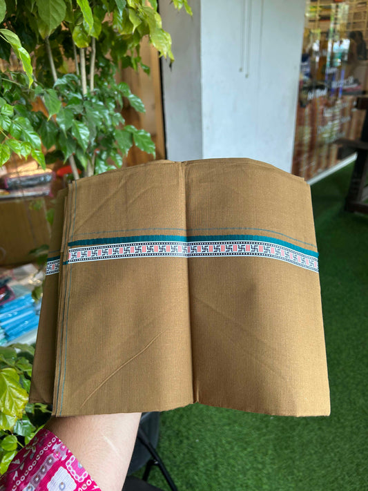 39% Discount! Kaitharikada - Pure Cotton - Single Kaily / Lungi - (60s) - 1 inch Peacock Blue & Multi colour Pattern Printed Kambi kara with Brown colour body (2 meter / 4 muzham) - 11 KK8043 GAN