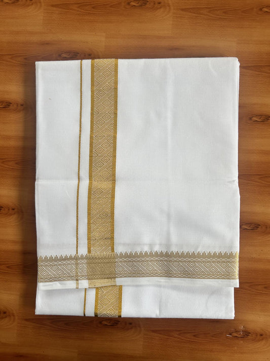 Single Pure White Mundu/Dhoti - 20% Discount!! Kaitharikada Balaramapuram Pure Cotton - 40s - 1.5 inch Gold Kasav Jacquard Design Kara 2 mtr (4 muzham) - 10 KK5405 GAN