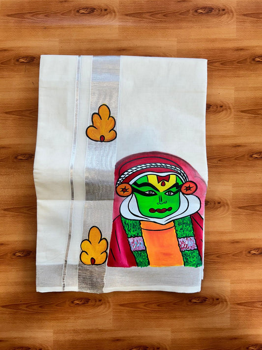 Double Off White (Unbleached) Mundu/Dhoti - 20% Discount!! KaithariKada Pure Cotton (80s) - 1.5 inch Silver Kasav Kara with Flower & Kathakali Mural Painting 4 mtr (8.5 Muzham) - 25 KK5487 CKS