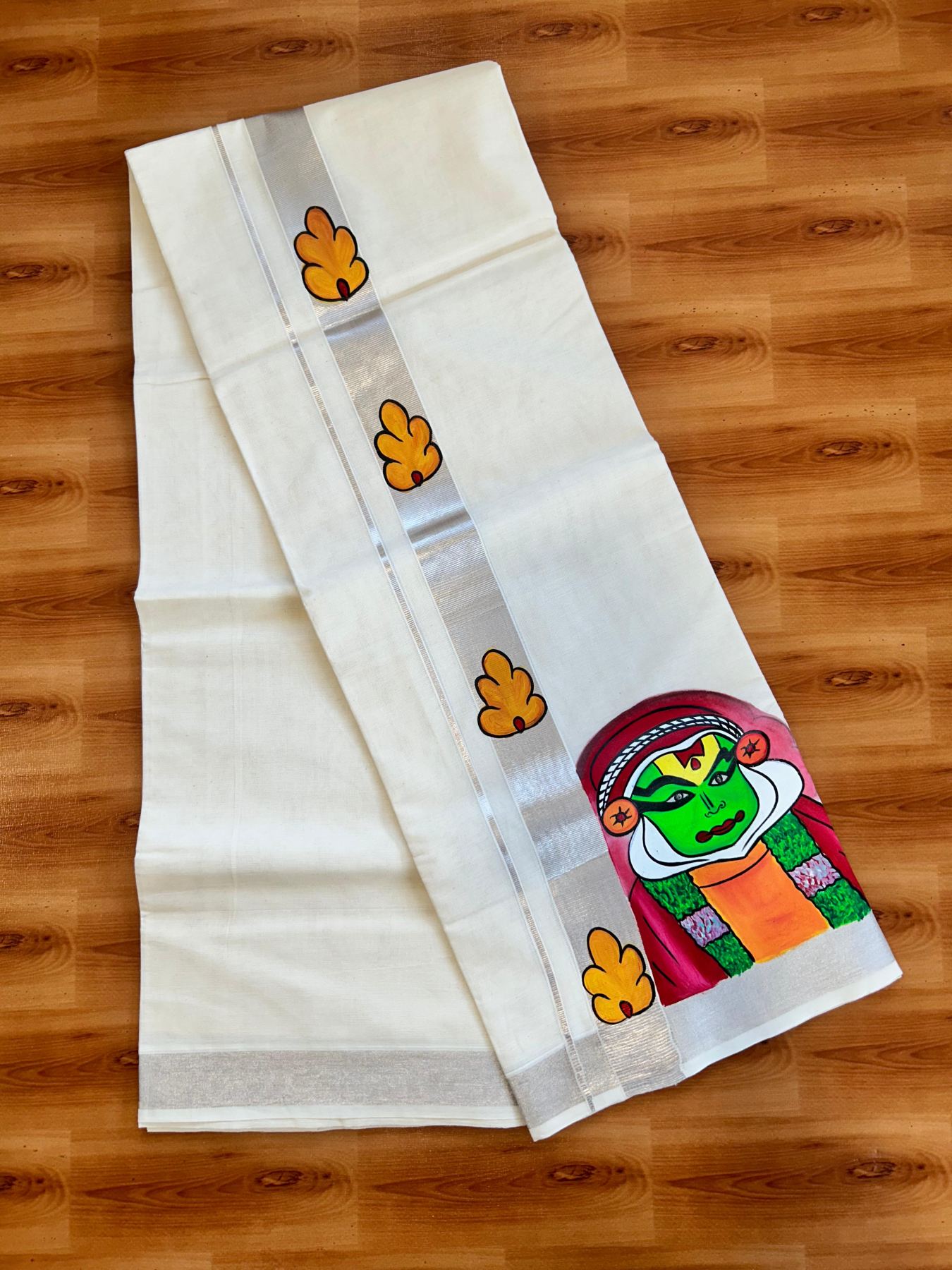 Double Off White (Unbleached) Mundu/Dhoti - 20% Discount!! KaithariKada Pure Cotton (80s) - 1.5 inch Silver Kasav Kara with Flower & Kathakali Mural Painting 4 mtr (8.5 Muzham) - 25 KK5487 CKS