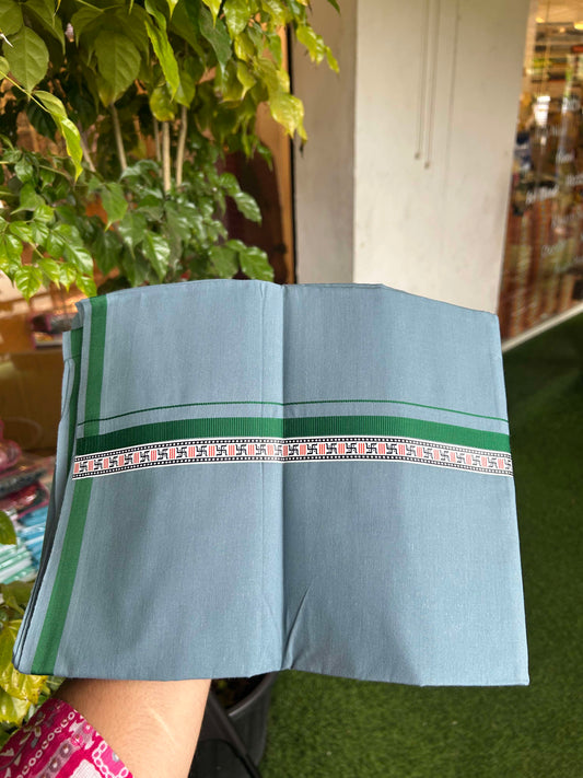 39% Discount! Kaitharikada - Pure Cotton - Single Kaily / Lungi - (60s) - 1 inch Green & Multi colour Pattern Printed Kambi kara with Grey colour body (2 meter / 4 muzham) - 12 KK8043 GAN