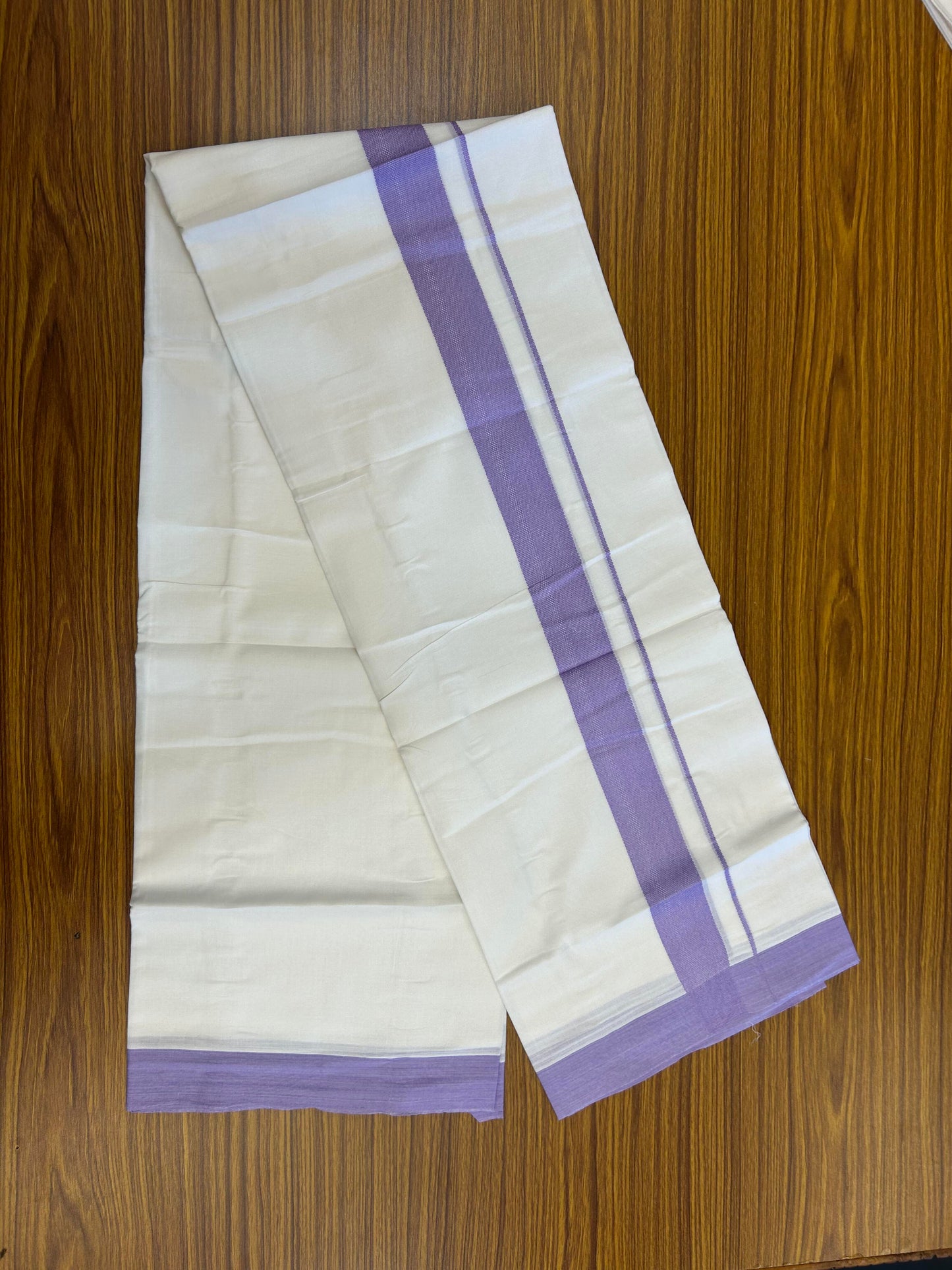 20% Discount ! Kaitharikada Balaramapuram 100% Cotton Pure White Double Mundu/Dothi - 100x80 - 1.5 inch Light Violet Kara - 3.90 m (8 muzham) - 15 KK5364 MC