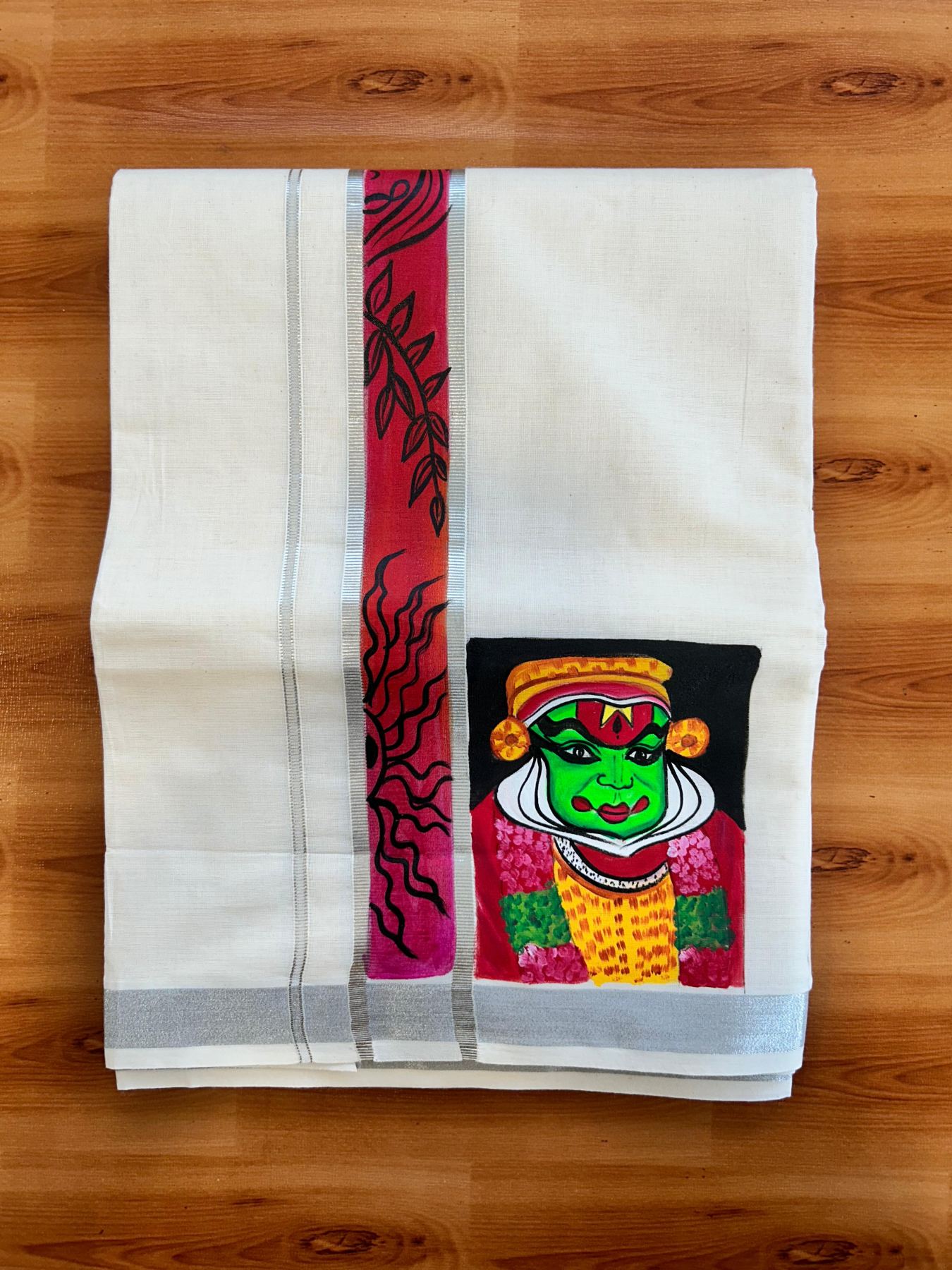 Double Off White (Unbleached) Mundu/Dhoti - 20% Discount!! KaithariKada Pure Cotton (80s) - 1.5 inch Silver Kasav Kara with Kathakali Mural Painting 4 mtr (8.5 Muzham) - 26 KK5487 CKS