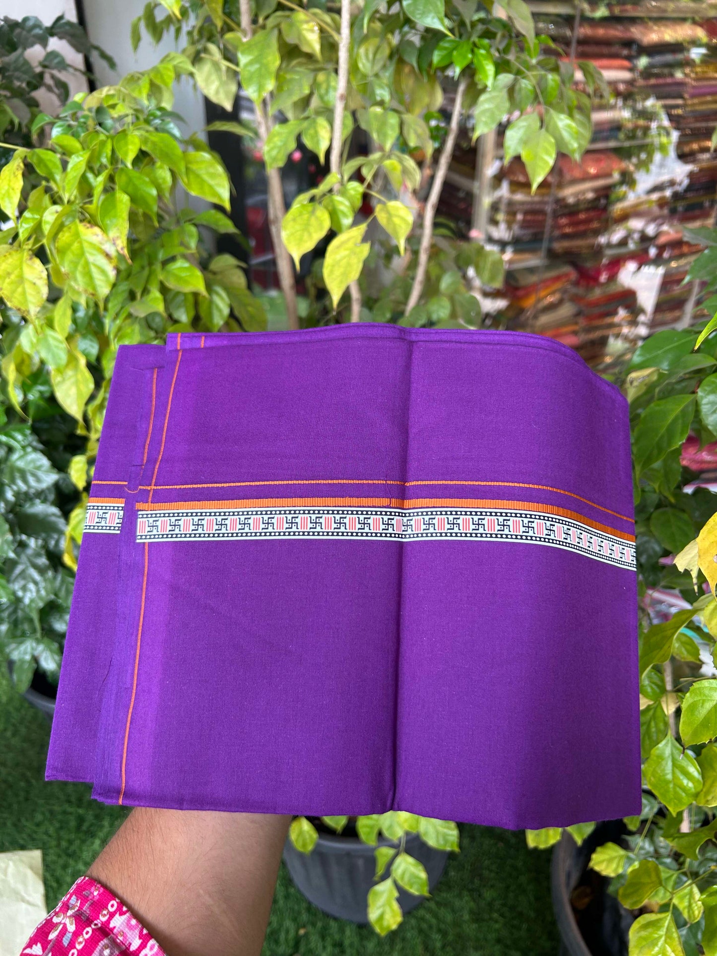 39% Discount! Kaitharikada - Pure Cotton - Single Kaily / Lungi - (60s) - 1 inch Orange & Multi colour Pattern Printed Kambi kara with Violet colour body (2 meter / 4 muzham) - 10 KK8043 GAN