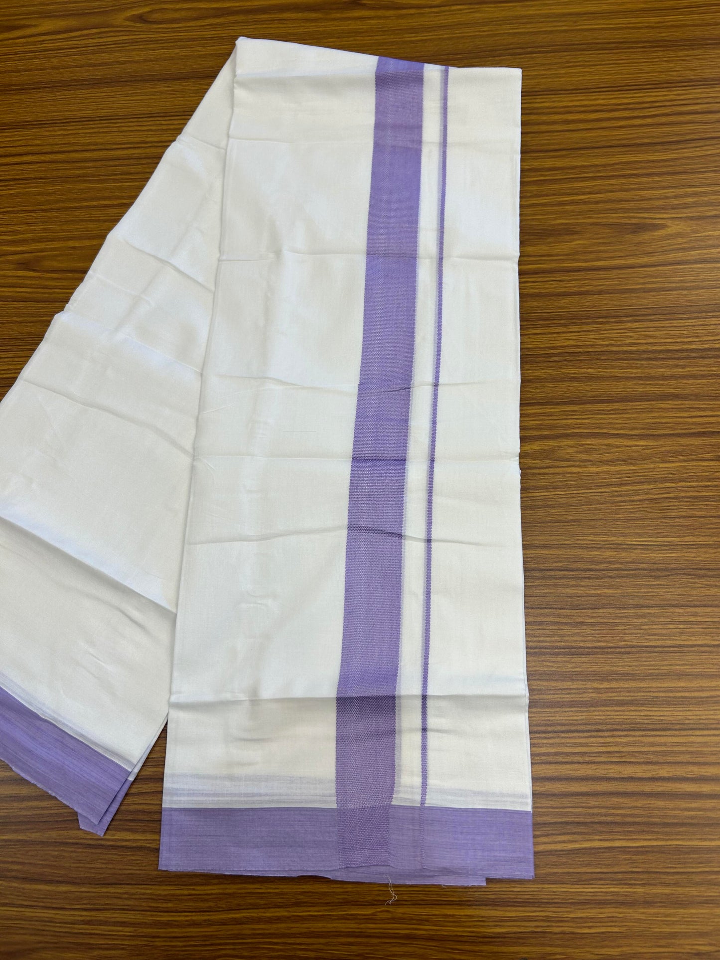 20% Discount ! Kaitharikada Balaramapuram 100% Cotton Pure White Double Mundu/Dothi - 100x80 - 1.5 inch Light Violet Kara - 3.90 m (8 muzham) - 15 KK5364 MC