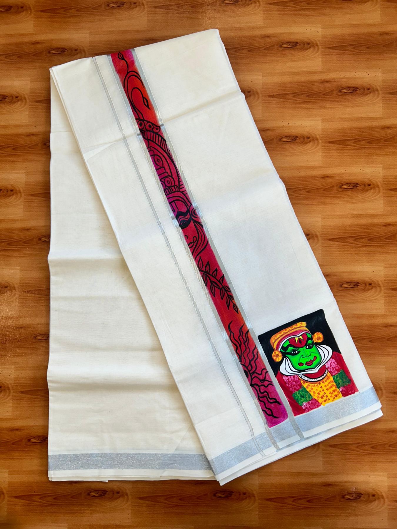 Double Off White (Unbleached) Mundu/Dhoti - 20% Discount!! KaithariKada Pure Cotton (80s) - 1.5 inch Silver Kasav Kara with Kathakali Mural Painting 4 mtr (8.5 Muzham) - 26 KK5487 CKS