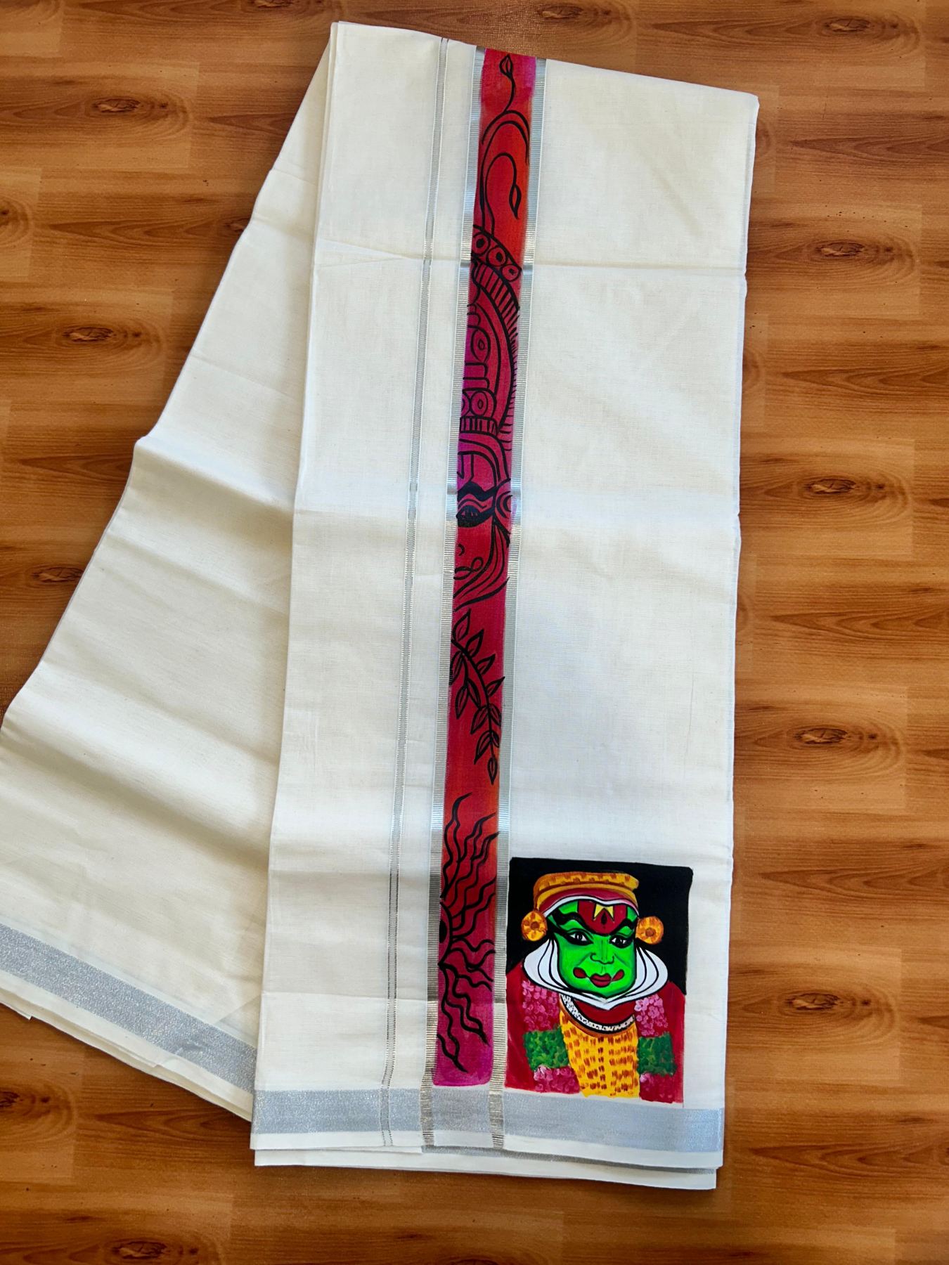 Double Off White (Unbleached) Mundu/Dhoti - 20% Discount!! KaithariKada Pure Cotton (80s) - 1.5 inch Silver Kasav Kara with Kathakali Mural Painting 4 mtr (8.5 Muzham) - 26 KK5487 CKS